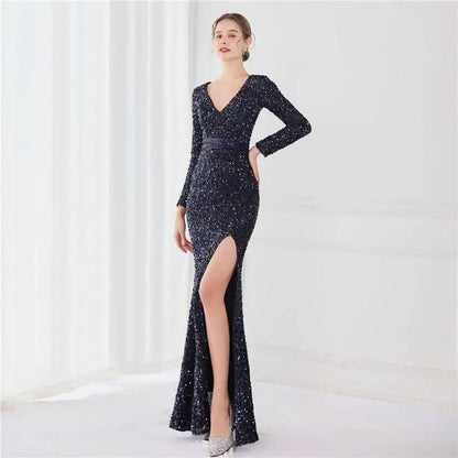 Navy Blue Long Sleeve Sequined Evening Dress