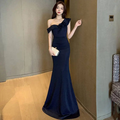 Navy Blue Satin One Shoulder Celebrity French Style Gown