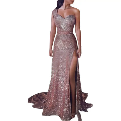One Shoulder Sleeveless Bronzing Split Dress