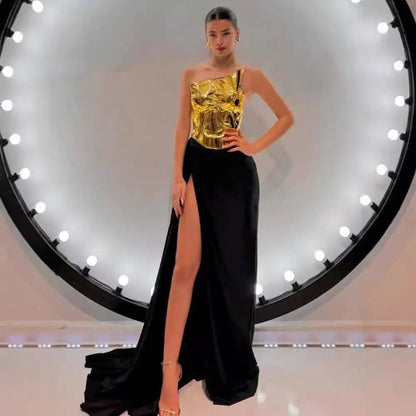 One-shoulder Slit Mop Black Dress Two-piece Set