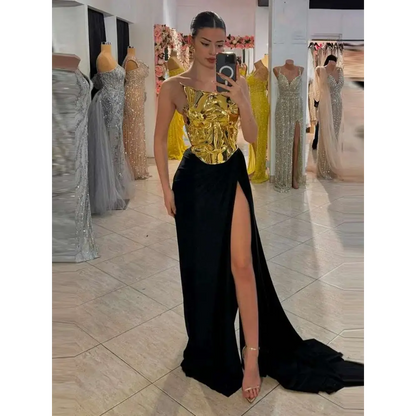 One-shoulder Slit Mop Black Dress Two-piece Set