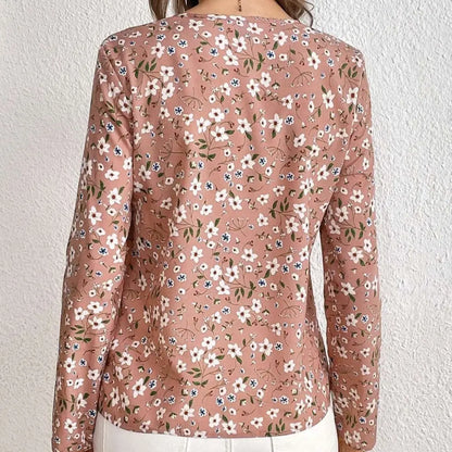 Pink Floral Casual Long Sleeved Print Folding Pleated Top