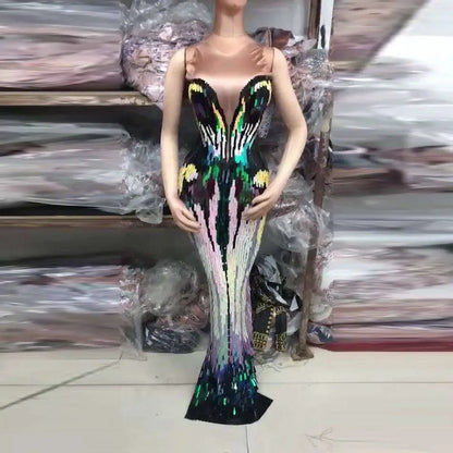 Rainbow Gradient Sequin Evening Dress Female Singer Costume