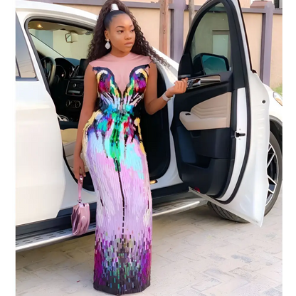 Rainbow Gradient Sequin Evening Dress Female Singer Costume