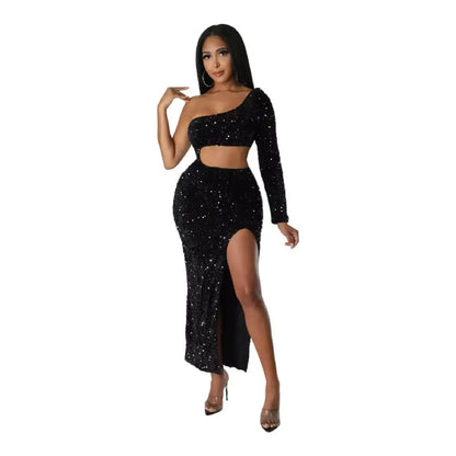 Red One Shoulder Fashionable Sequins Sexy Navel Split Dress