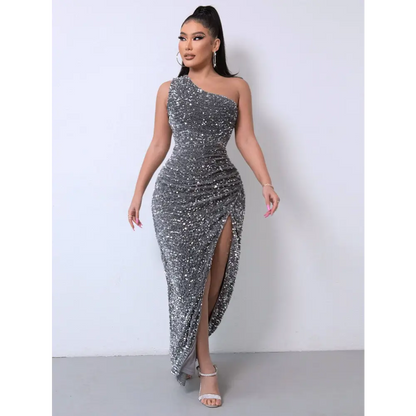 Red One Shoulder Slash Neck Sequins Slit Dress