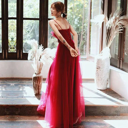 Red Satin Engagement Suspender Evening Dress