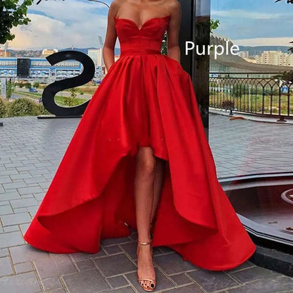 Red Satin High Low Ladies Evening Dress