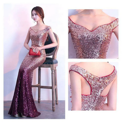 Rose Gold Sequined Long Slim Fit Fashion Host Gown