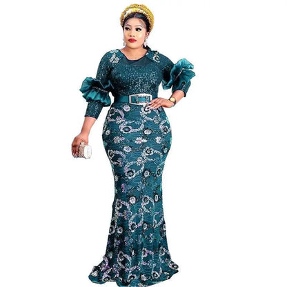 Round Neck Slim Fit Half Sleeve Floral Evening Dress