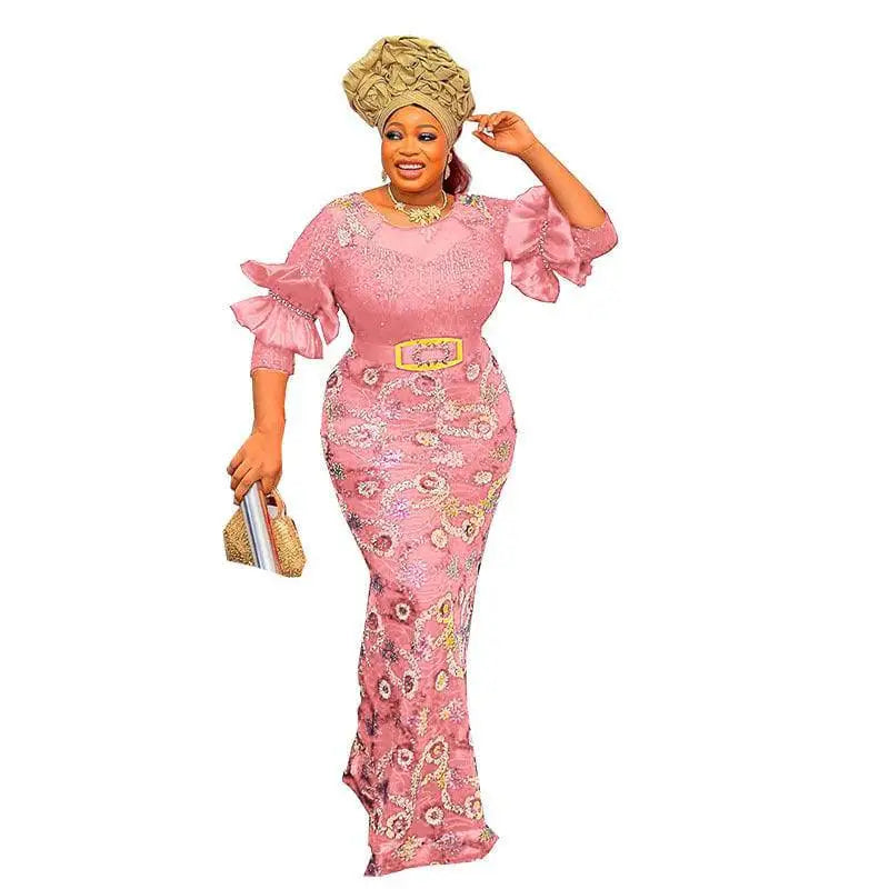 Round Neck Slim Fit Half Sleeve Floral Evening Dress