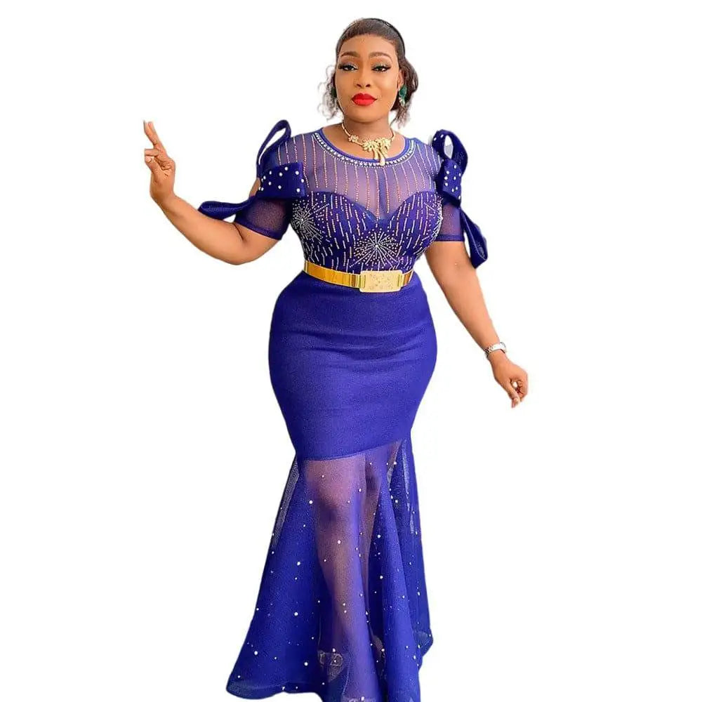 Royal Blue Heavy Embroidered Hot Diamond Beads Gown
