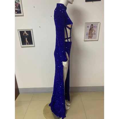 Royal Blue Siren Ji Sequin High Slit Dress