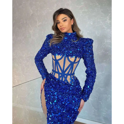 Royal Blue Siren Ji Sequin High Slit Dress