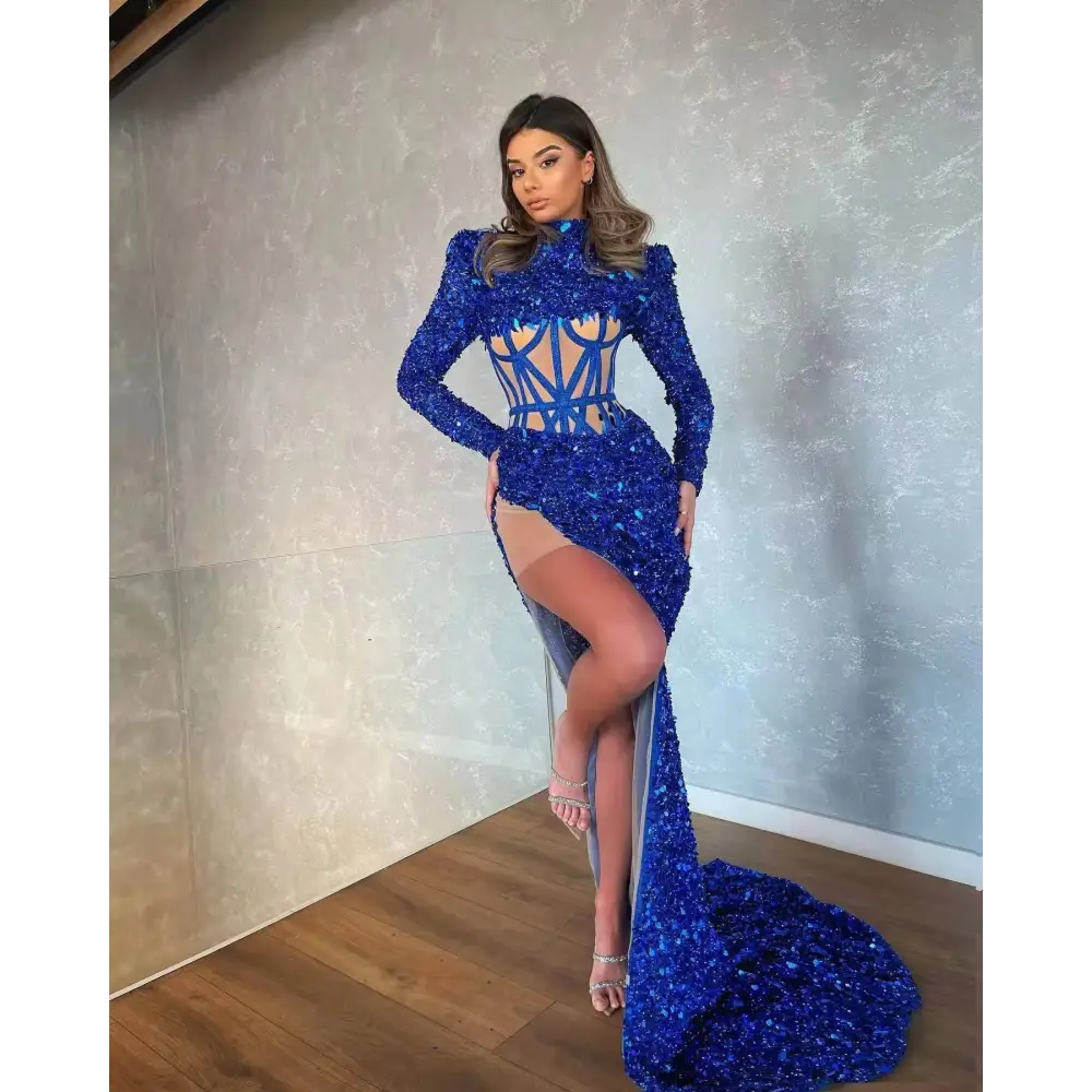 Royal Blue Siren Ji Sequin High Slit Dress