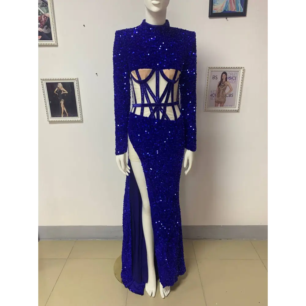 Royal Blue Siren Ji Sequin High Slit Dress