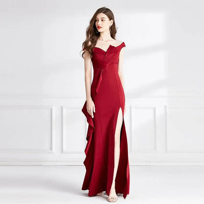 Satin Red Evening Dress with High Slit