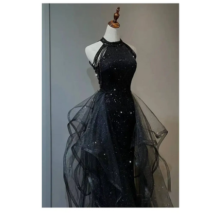 Sequined Halter Tulle Black Evening Dress