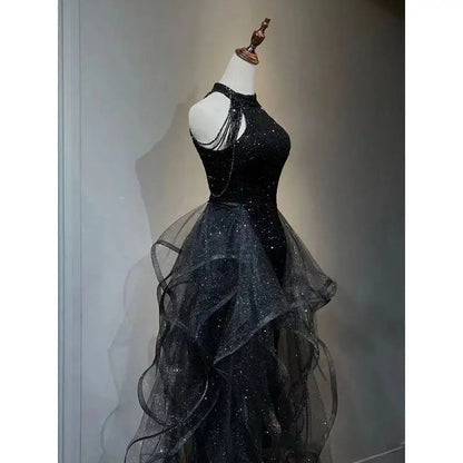 Sequined Halter Tulle Black Evening Dress