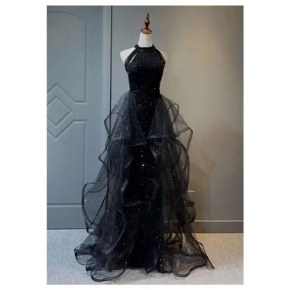 Sequined Halter Tulle Black Evening Dress