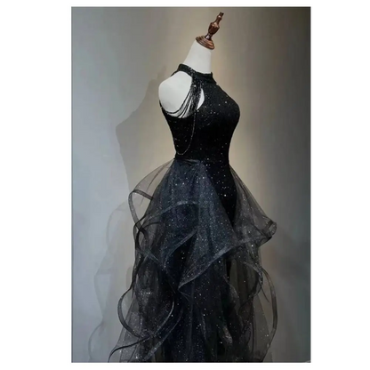 Sequined Halter Tulle Black Evening Dress