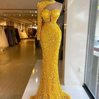 Sequined Pearl Embroidery Lace Asymmetric Dress