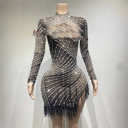 Sheer Beaded Tassel Dress Birthday Party Long Sleeve