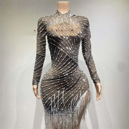 Sheer Beaded Tassel Dress Birthday Party Long Sleeve