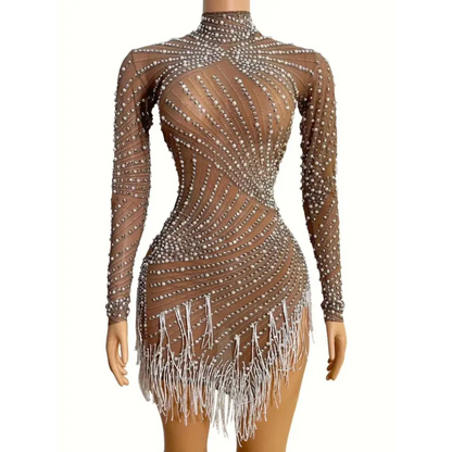 Sheer Beaded Tassel Dress Birthday Party Long Sleeve