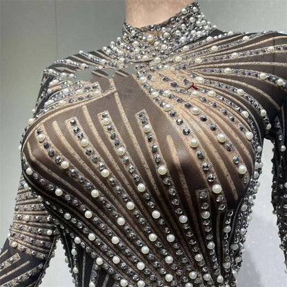 Sheer Beaded Tassel Dress Birthday Party Long Sleeve