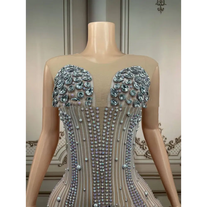 Silver Feathered Hips Nightclub Bar Sleeveless Long Gown