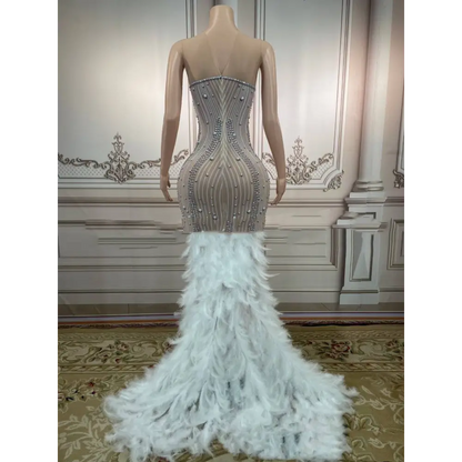 Silver Feathered Hips Nightclub Bar Sleeveless Long Gown