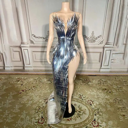 Silver Metallic Sequined Stage Advanced Light Luxury Evening Dress