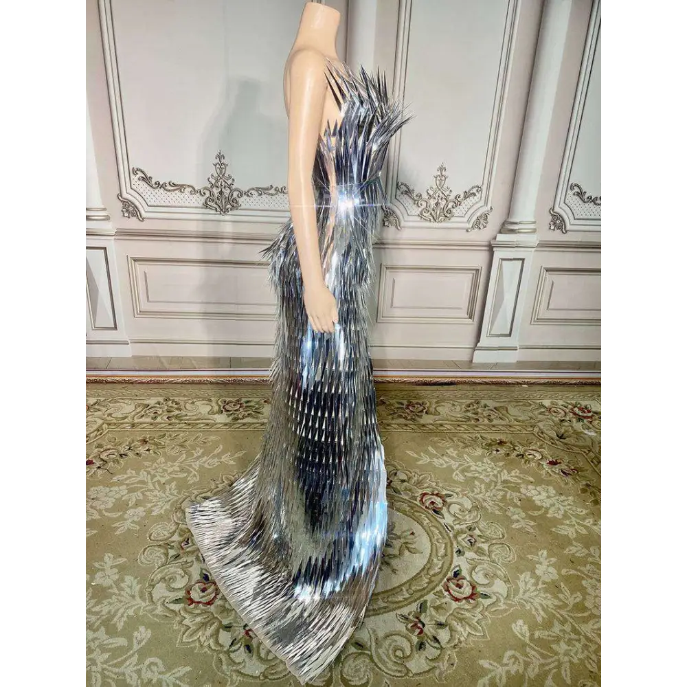 Silver Metallic Sequined Stage Advanced Light Luxury Evening Dress