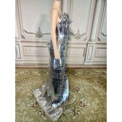 Silver Metallic Sequined Stage Advanced Light Luxury Evening Dress