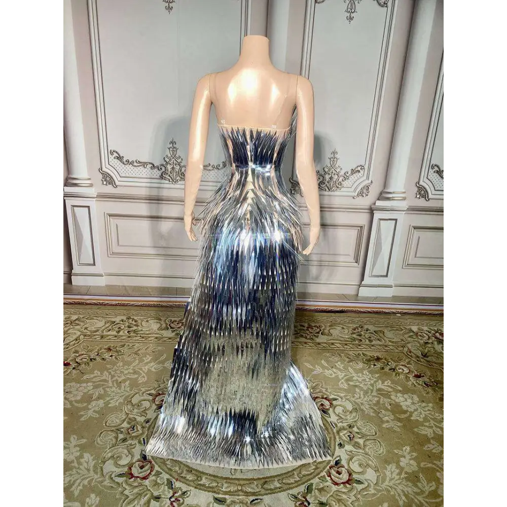 Silver Metallic Sequined Stage Advanced Light Luxury Evening Dress