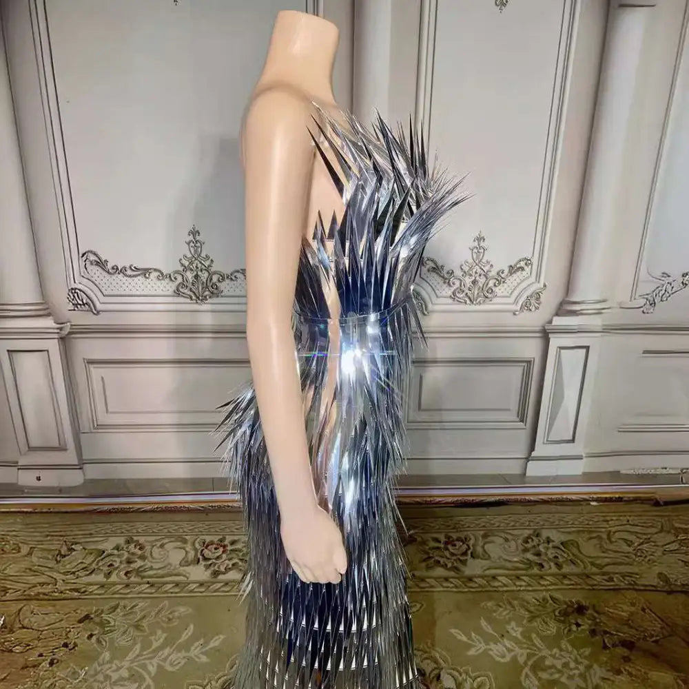 Silver Metallic Sequined Stage Advanced Light Luxury Evening Dress