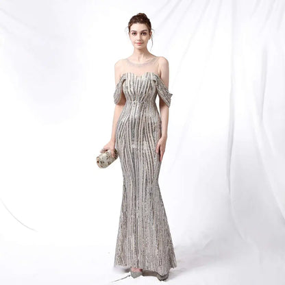 Silver Off-the-Shoulder Sequined Long Dress