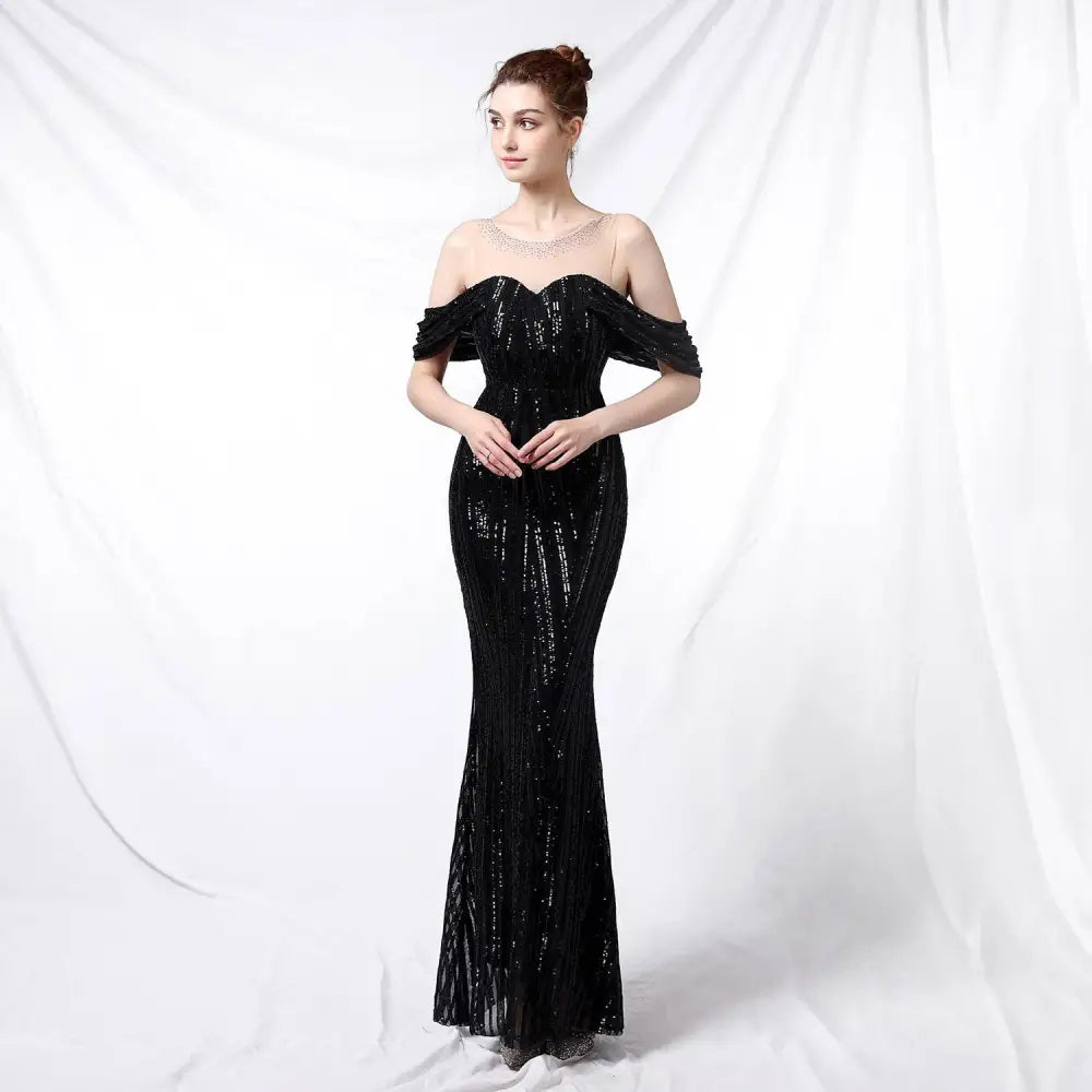 Silver Off-the-Shoulder Sequined Long Dress