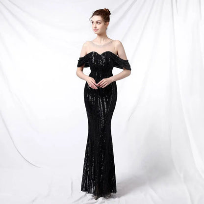 Silver Off-the-Shoulder Sequined Long Dress