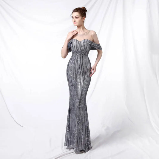 Silver Off-the-Shoulder Sequined Long Dress