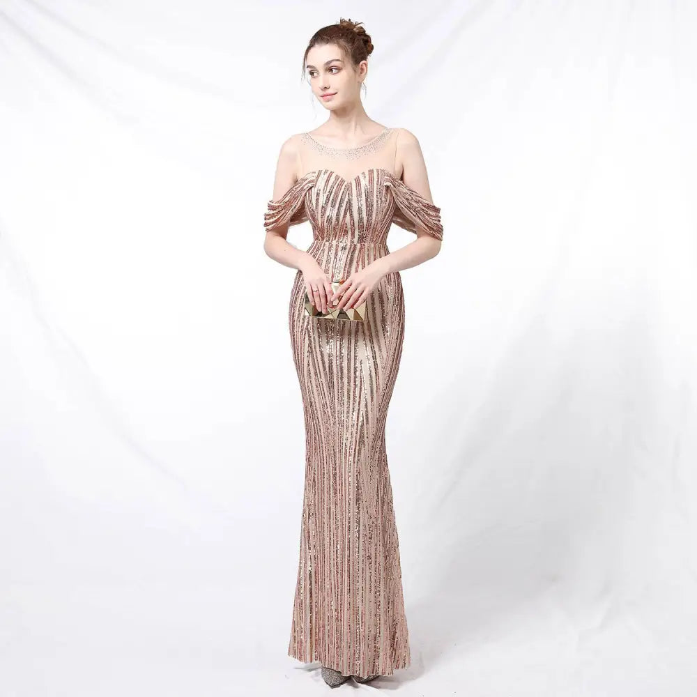 Silver Off-the-Shoulder Sequined Long Dress