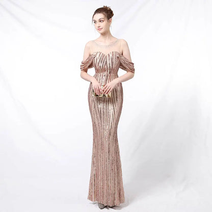Silver Off-the-Shoulder Sequined Long Dress