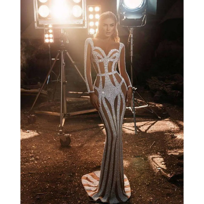 Silver Sequined Sprinkled Gold Banquet Evening Dress