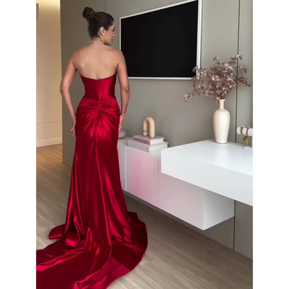 Slit Red Extra Long Satin Strapless Evening Dress