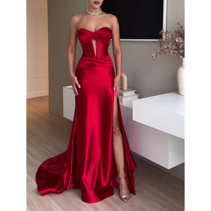 Slit Red Extra Long Satin Strapless Evening Dress