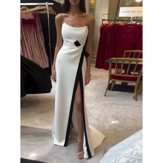 Strapless Black and White Contrasting Slit Dress