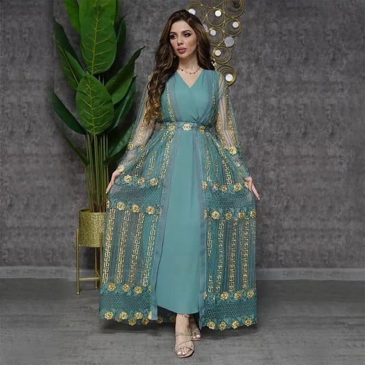 Teal Gold Embroidered Vest Dress Kraft Abaya