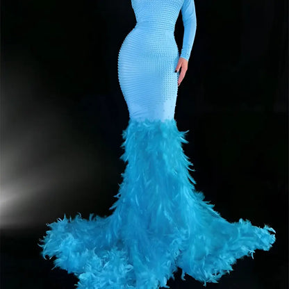 Water Bottle Feather Trailing Hip Mermaid Gown