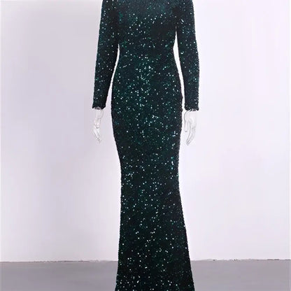 Women Modest Stretch Sequin Royal Blue Evening Gown